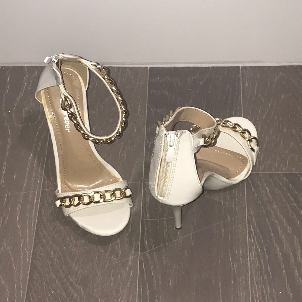 White 3inch heels with gold chains